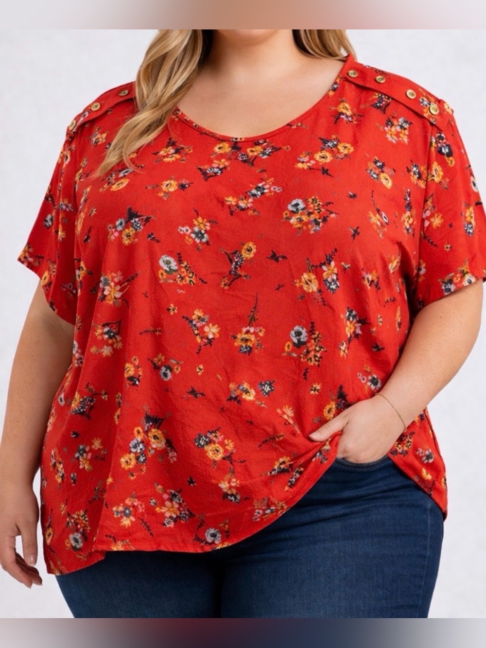 Speed Limit Size 3X Plus Red Floral Blouse Short Sleeve Button Shoulder Top(A556
